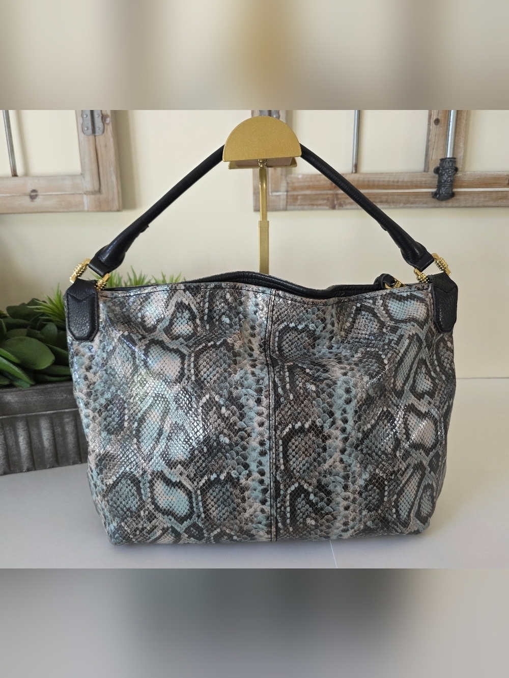 Aimee Kestenberg Snakeskin Embossed Leather Hobo Bag Gray Black Pale Blue - Picture 8 of 16